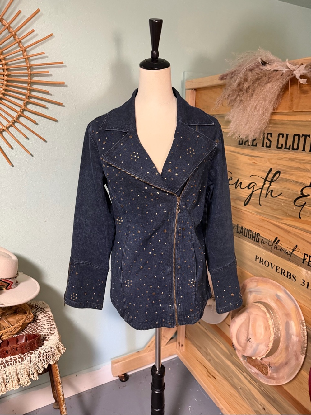 DG2 by Diane Gilman Navy Studded Denim Moto Jacket